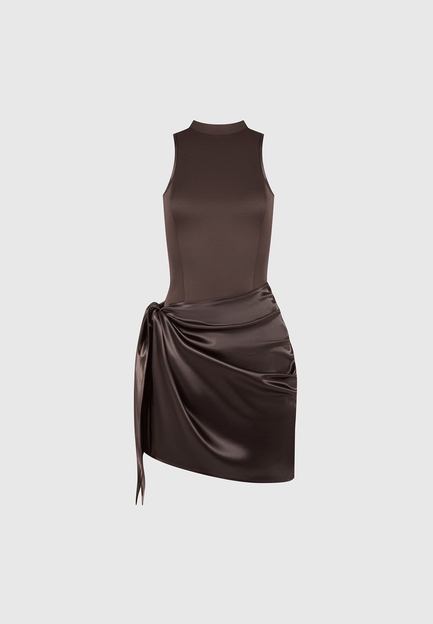 Neoprene & Satin Wrap Bodycon Dress - Brown