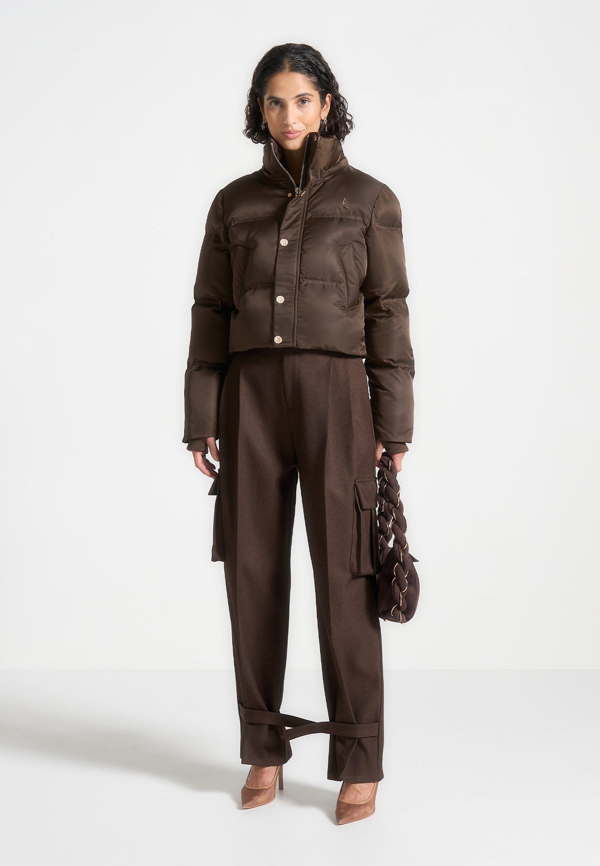 Maeva - Nylon Eiffel Cropped Puffer Jacket - Brown