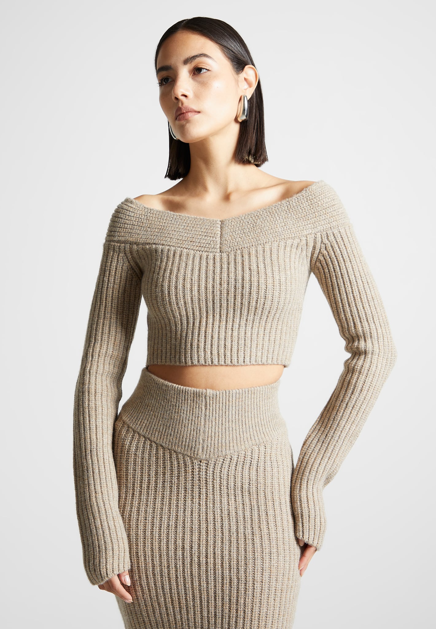 Cropped Ribbed Cut Out Top Beige