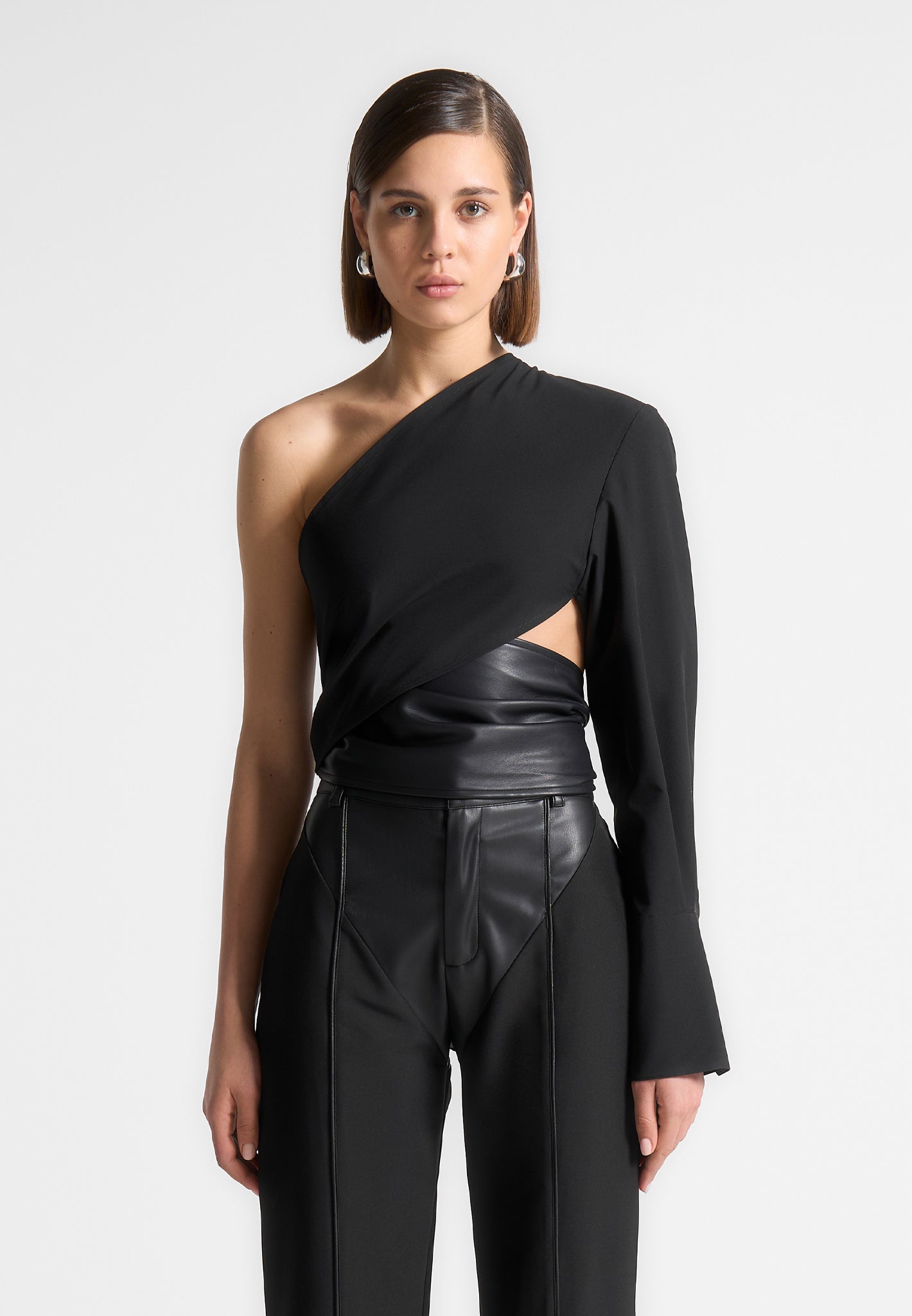 one-sleeve-vegan-leather-wrap-top-black-1