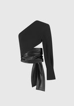 one-sleeve-vegan-leather-wrap-top-black-1