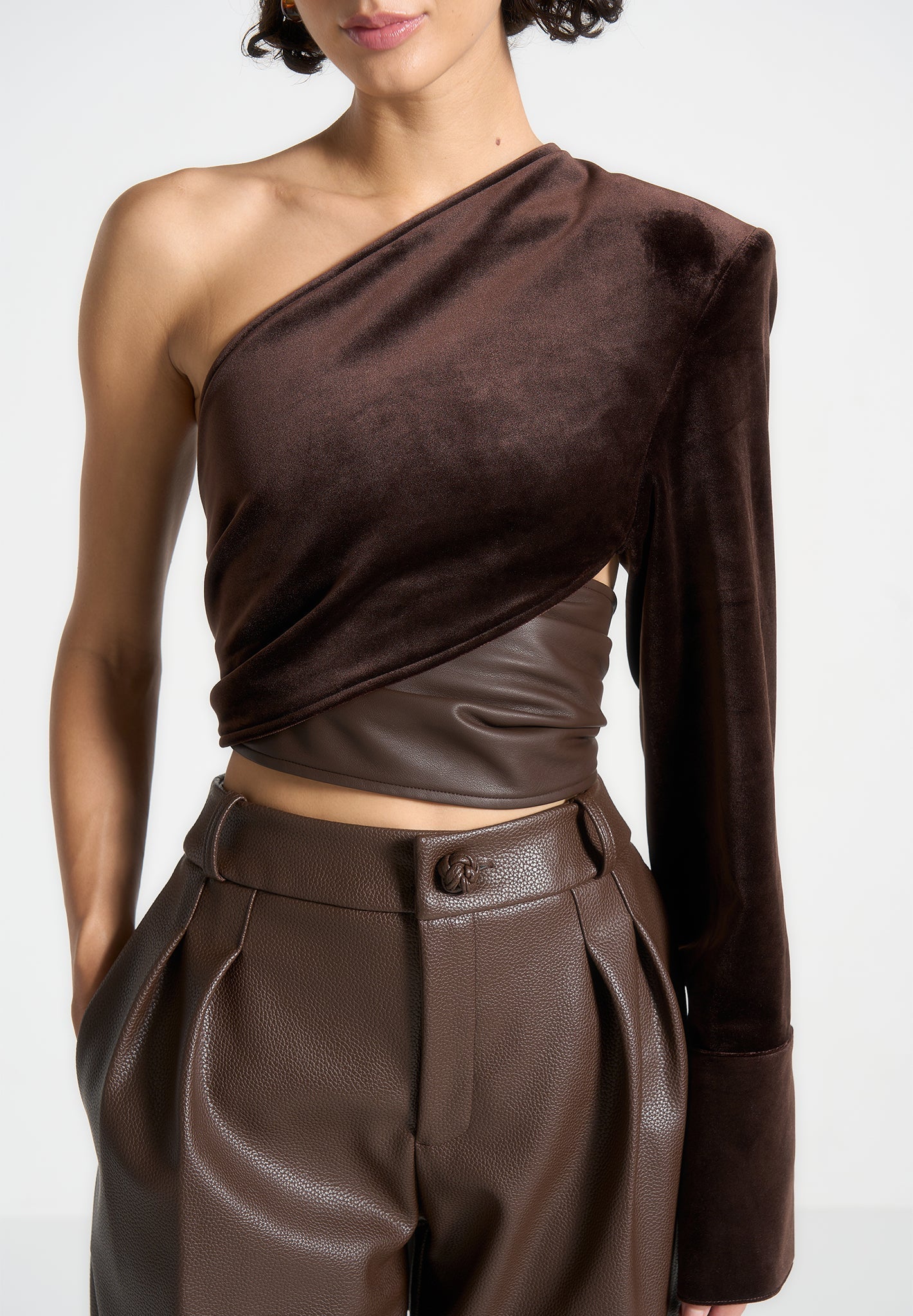 coralie-one-sleeve-velour-wrap-top-brown
