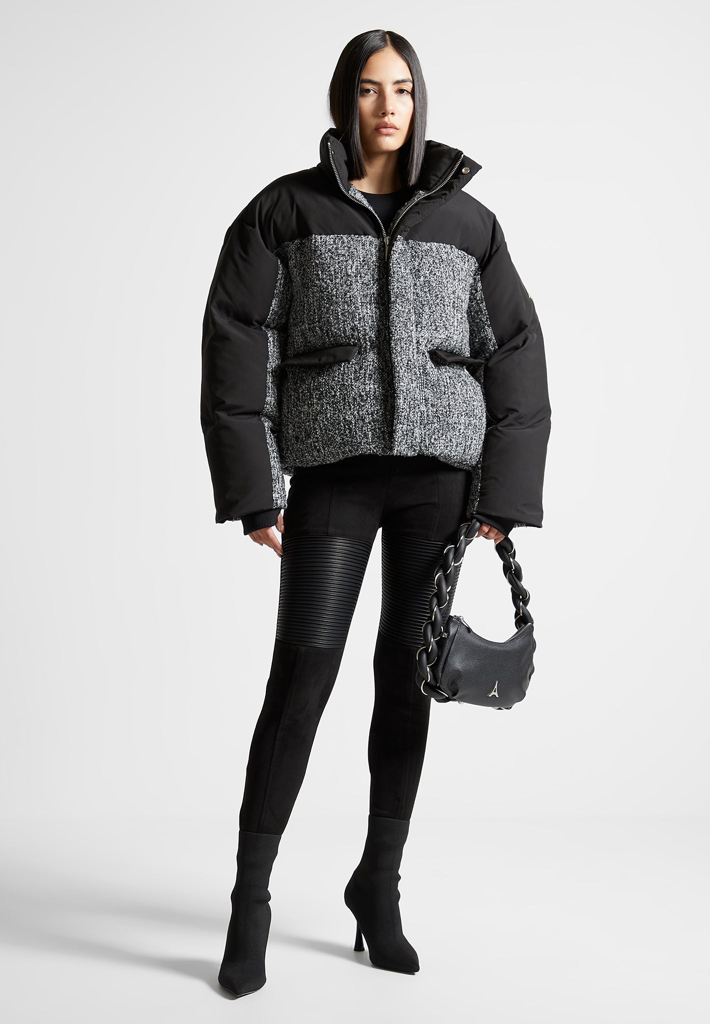 Oversized Tweed Puffer Jacket - Black