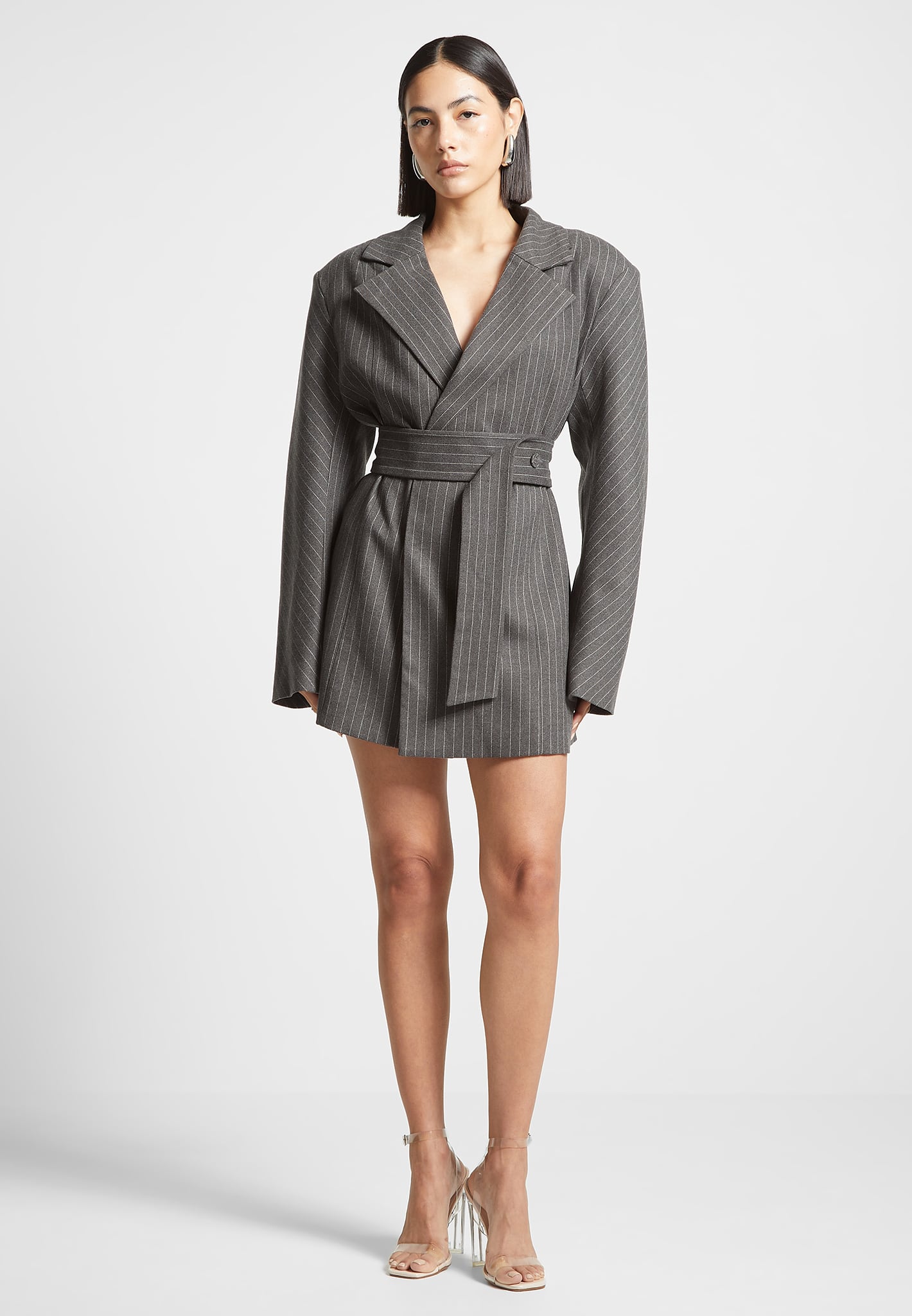 Women's Oversized Pinstripe Blazer Dress - Grey - S-M