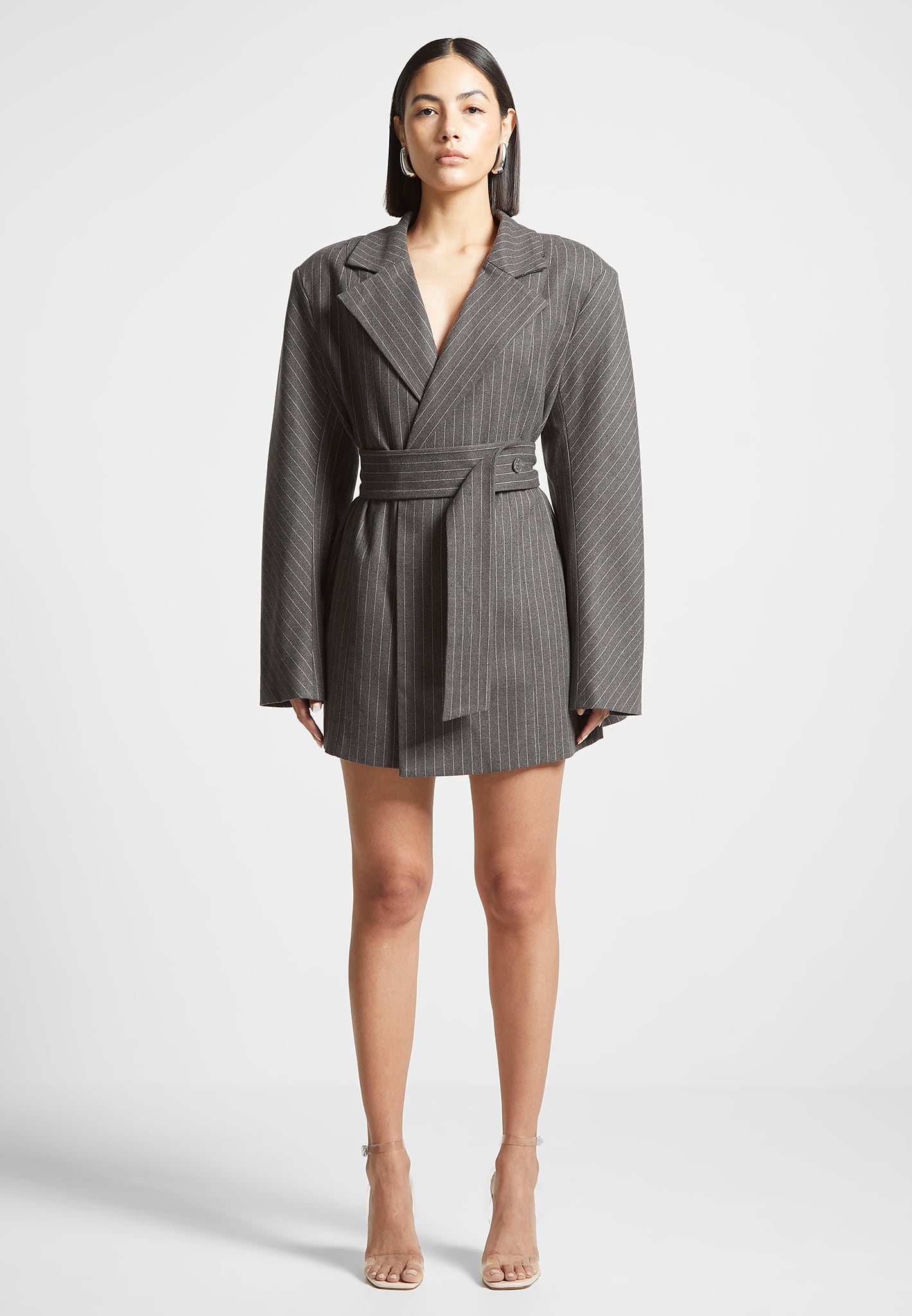 Women's Oversized Pinstripe Blazer Dress - Grey - S-M