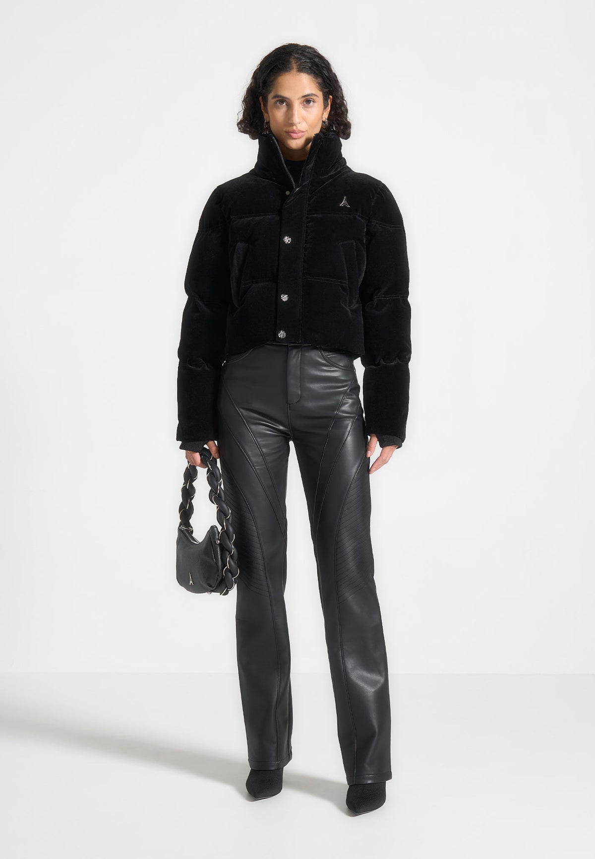Maeva - Velvet Cropped Puffer Jacket - Black
