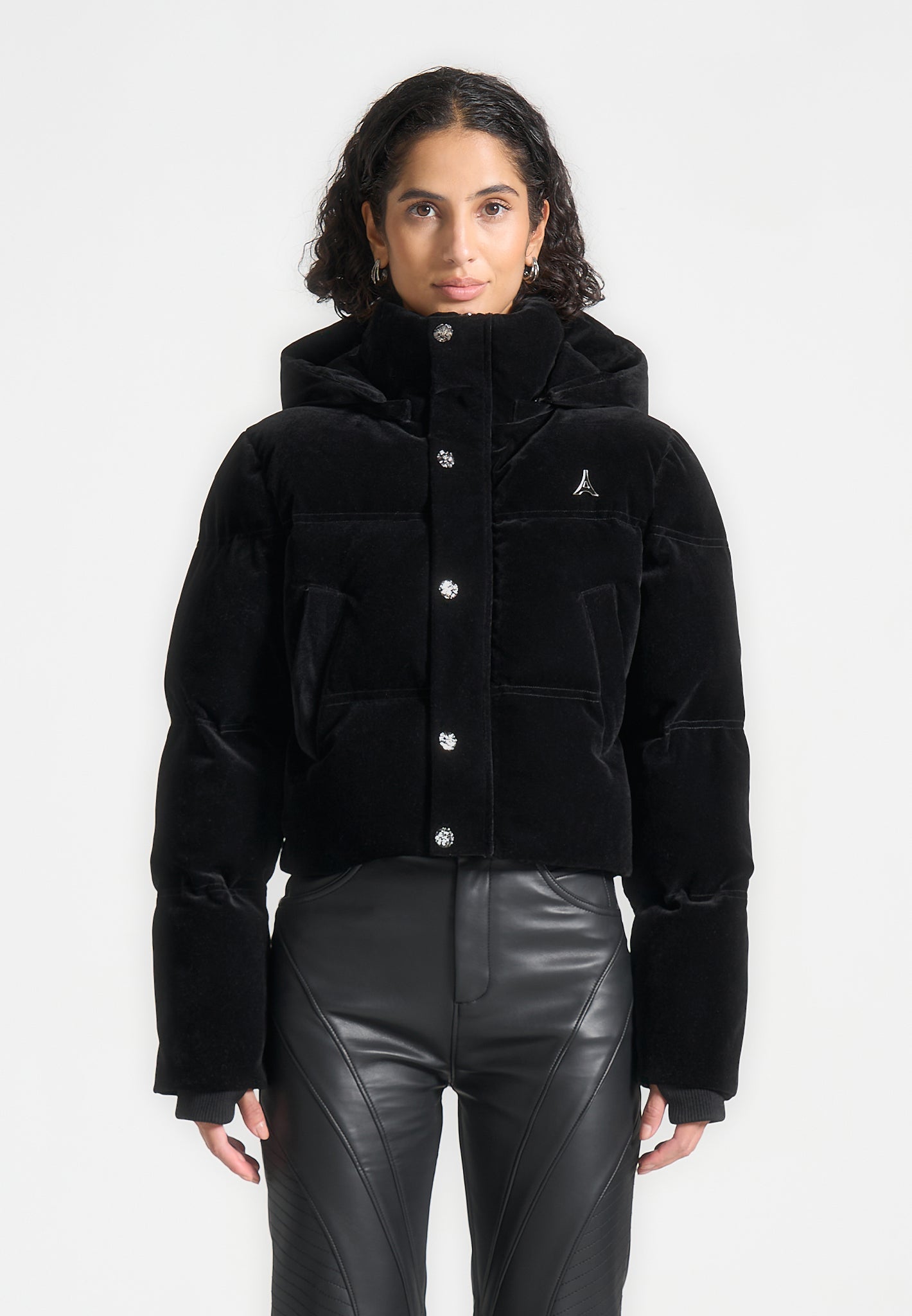 Maeva - Velvet Cropped Puffer Jacket - Black | Manière De Voir USA