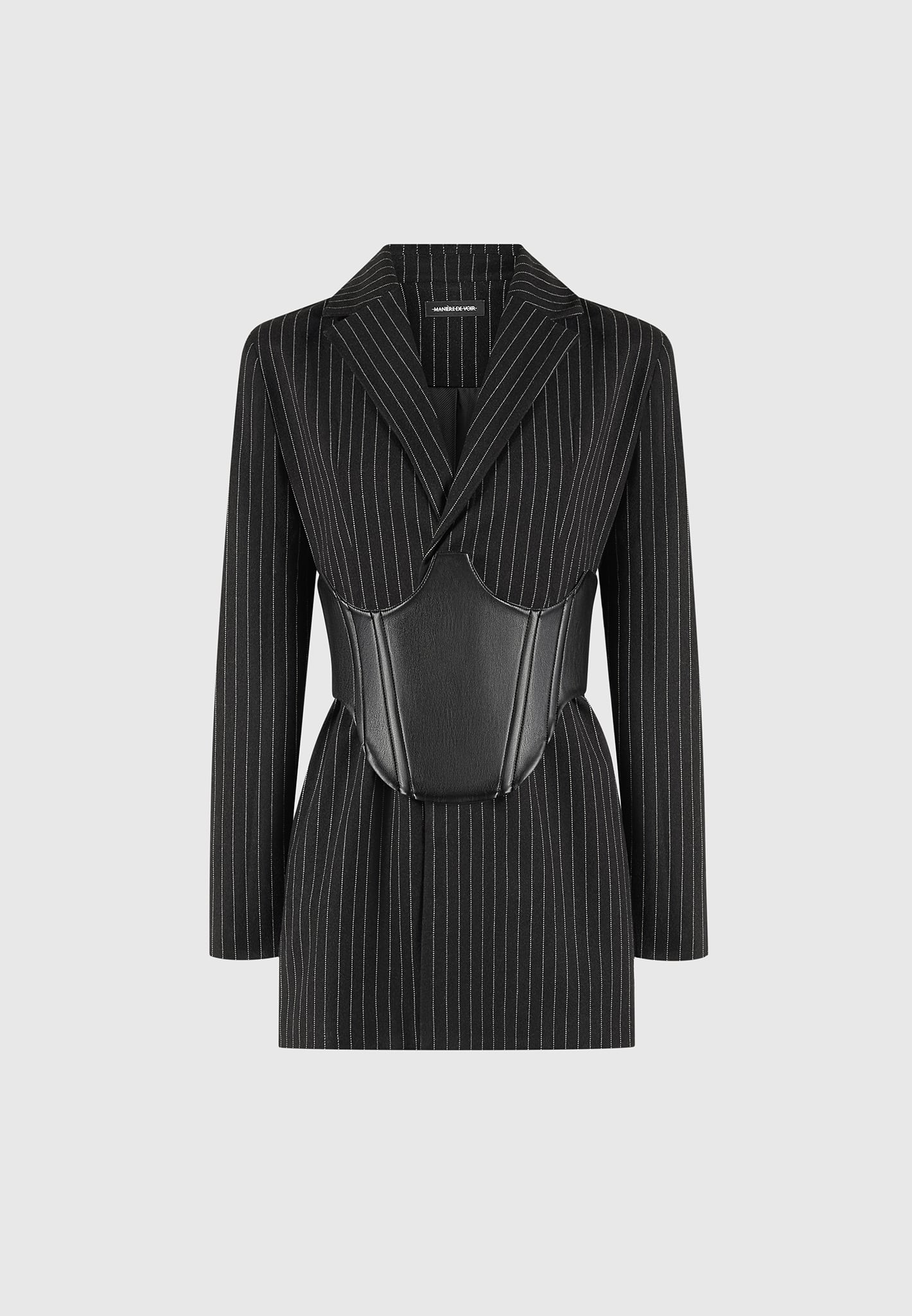 Pinstripe Blazer Dress with Reversible Corset - Black | Manire De Voir USA Pinstripe Blazer Dress with Reversible Corset - Black | Manire De Voir USA