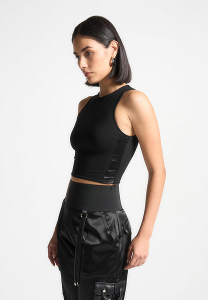 ★DNSR★ Silk Crop Pocket Half Sleeve Black Racer Crop Top with Satin Panels - Black | Manière De Voir USA