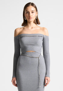 Ribbed Knit Bardot Crop Top with Chain - Grey
