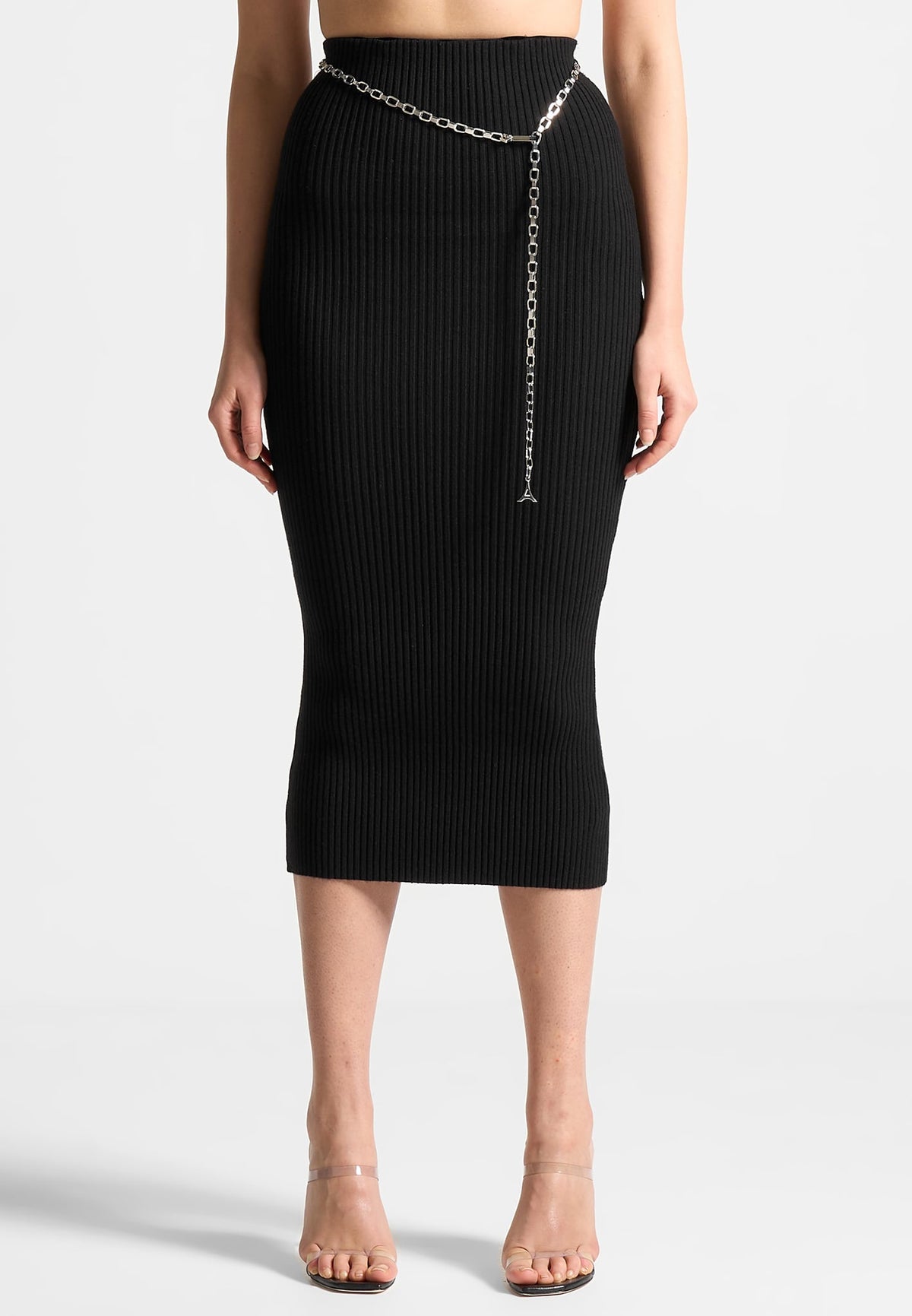 Ribbed Knit Midaxi Skirt with Chain Belt - Black