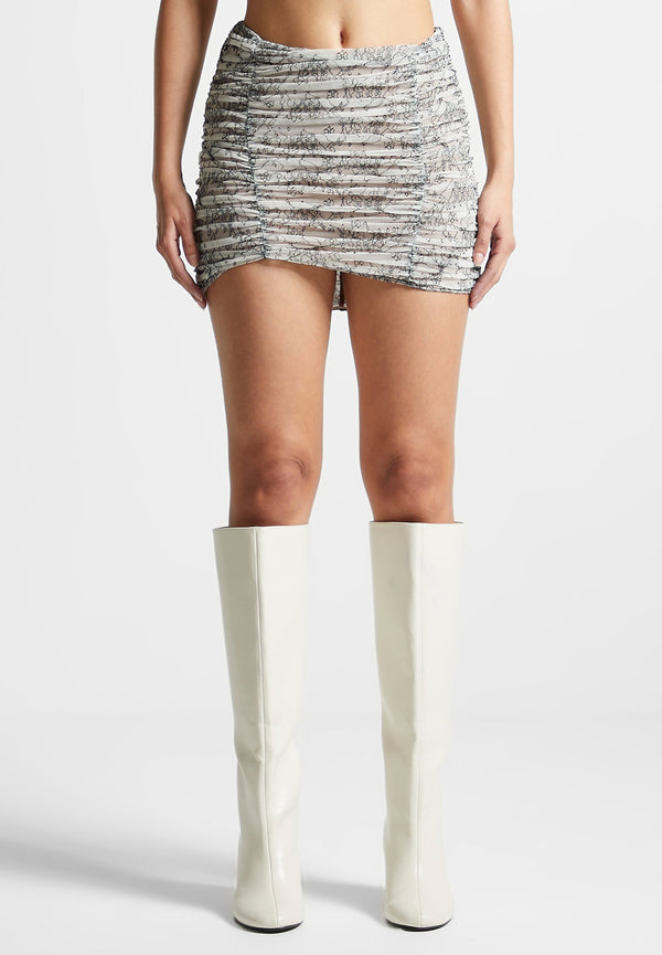 Ruched Lace Asymmetric Mini Skirt - Off White