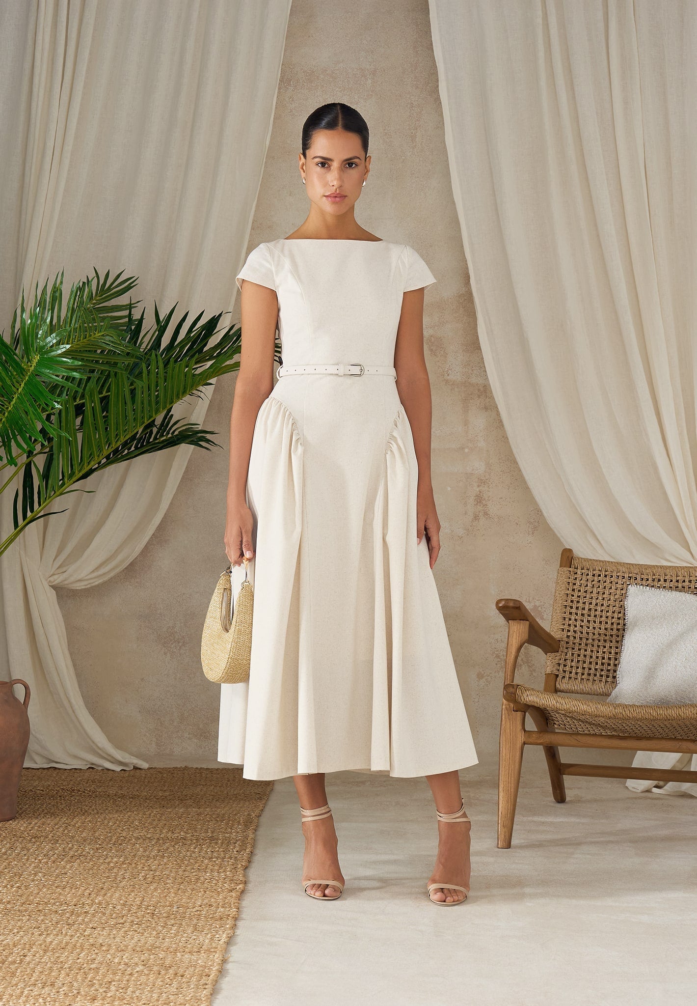Women's Linen Boat Neck Belted Pleated Midi Dress - Natural - US 2 - Gaia