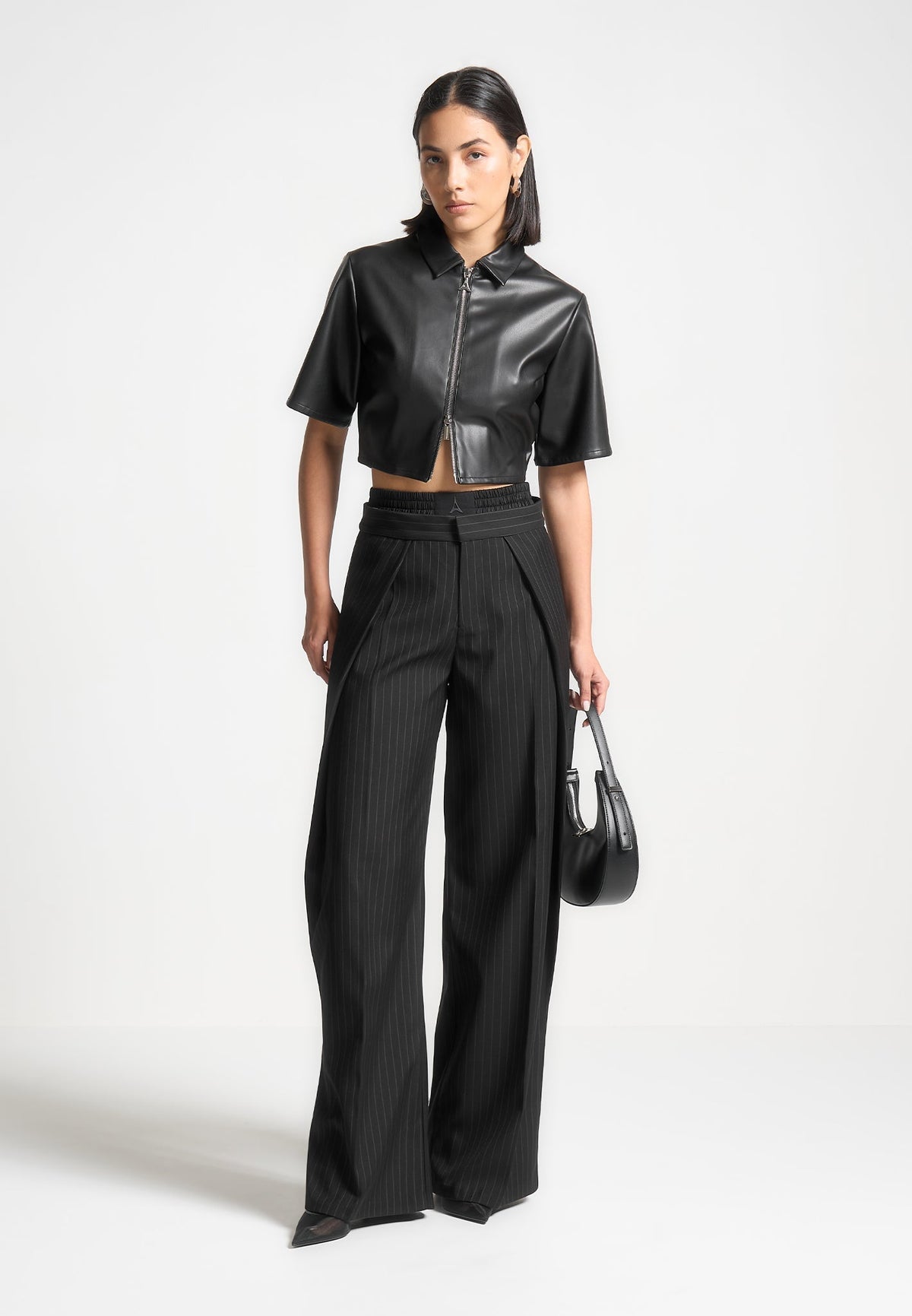 Sofia - Satin Waistband Pinstripe Pants - Black