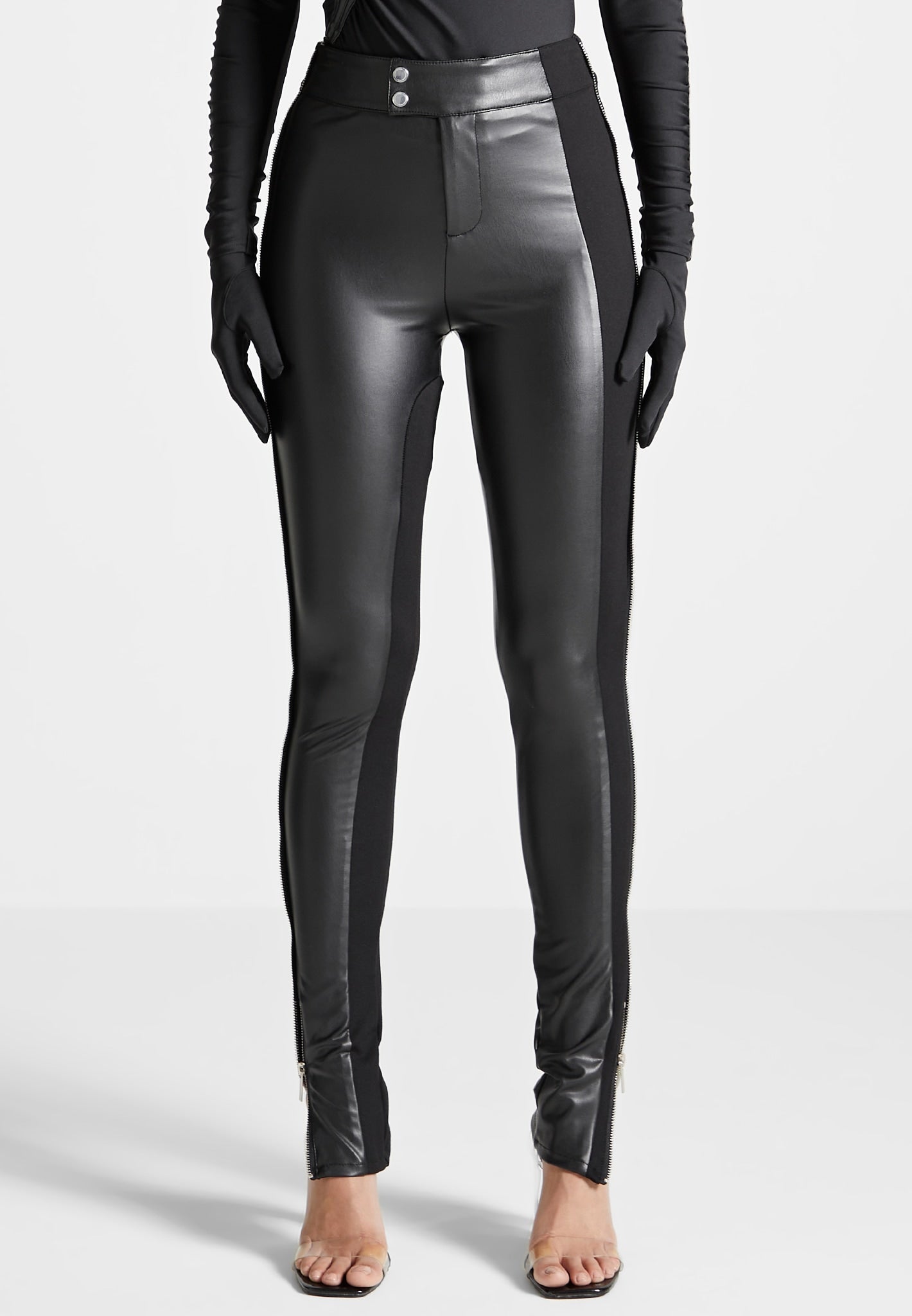 Plus Size Reflector Black Faux Leather Leggings Bodysuit Jumpsuit