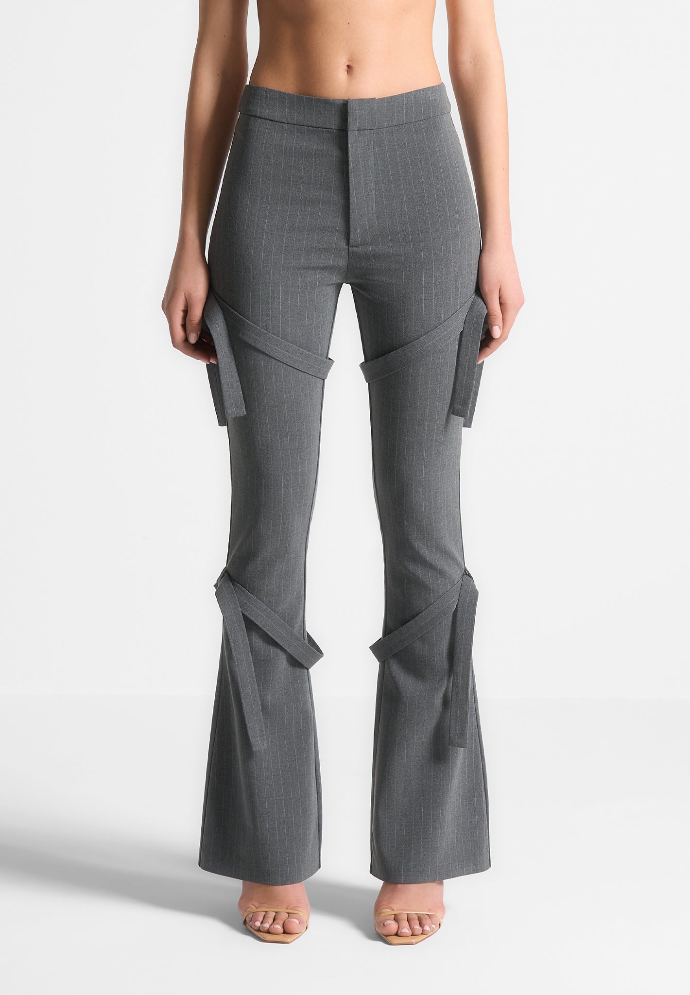 Strap Detail Pinstripe Fit and Flare Leggings - Grey