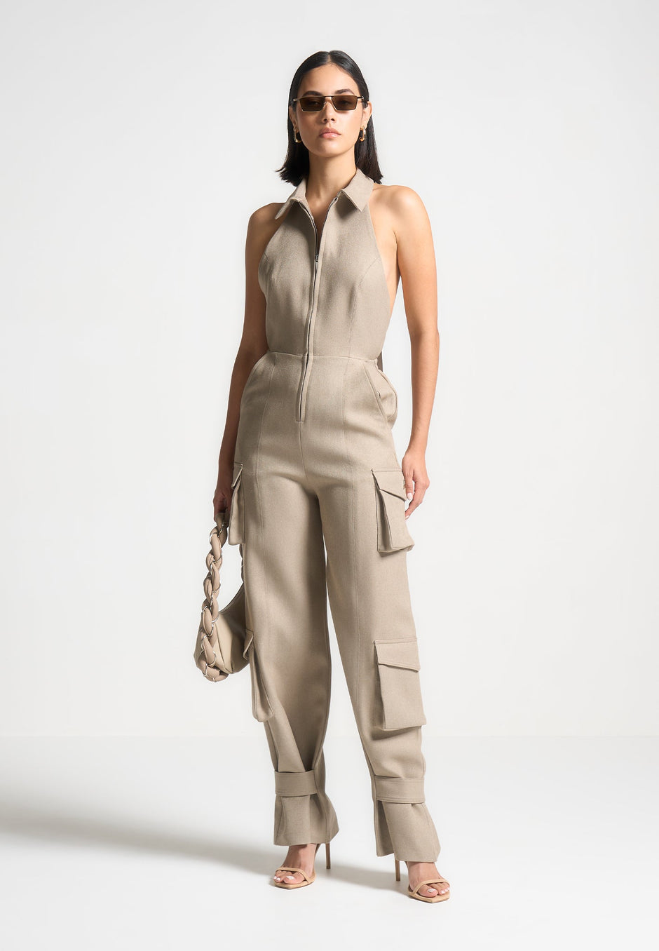 Short Collared Jumpsuit - Beige