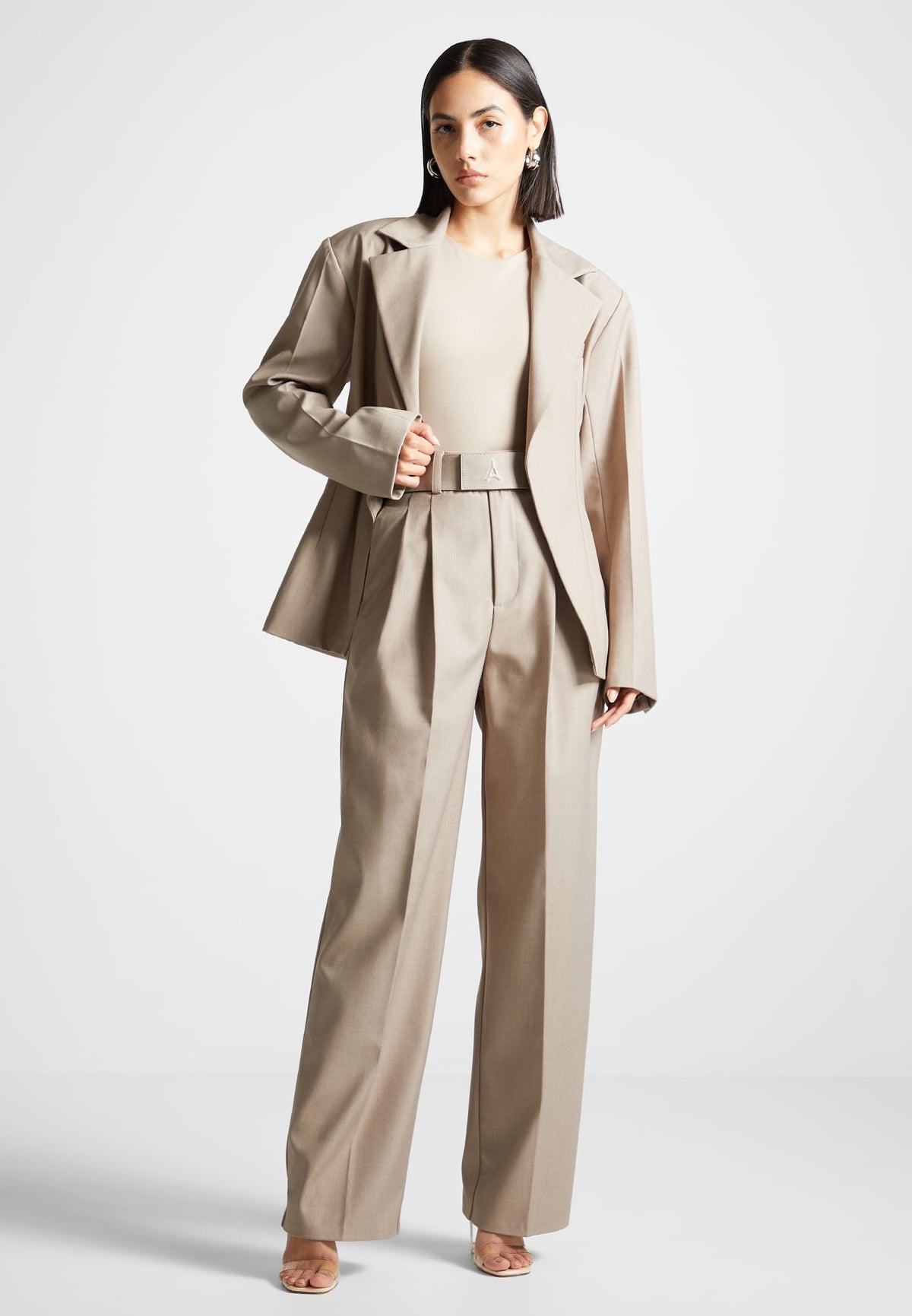 Tailored Pleated Pants with Eiffel Belt - Taupe