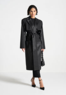 Ilona - Tailored Satin Trench Coat - Black | Manire De Voir USA Ilona - Tailored Satin Trench Coat - Black | Manire De Voir USA