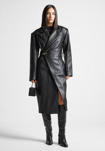 Leather Asymmetric Tailored Longline Coat - Black