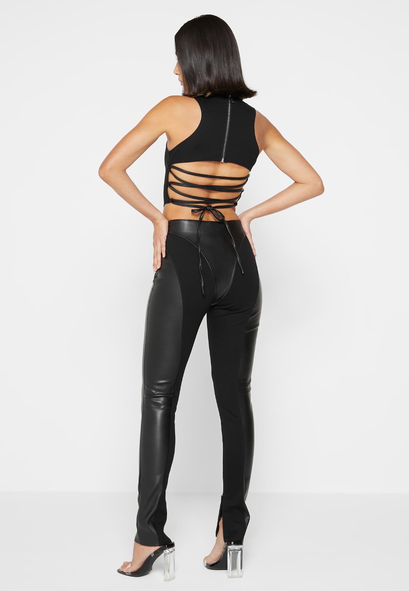 Vegan Leather Corset Lace Up Jumpsuit - Black