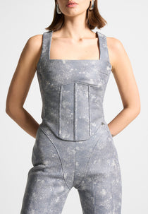 Leather Denim Effect Corset Top - Blue