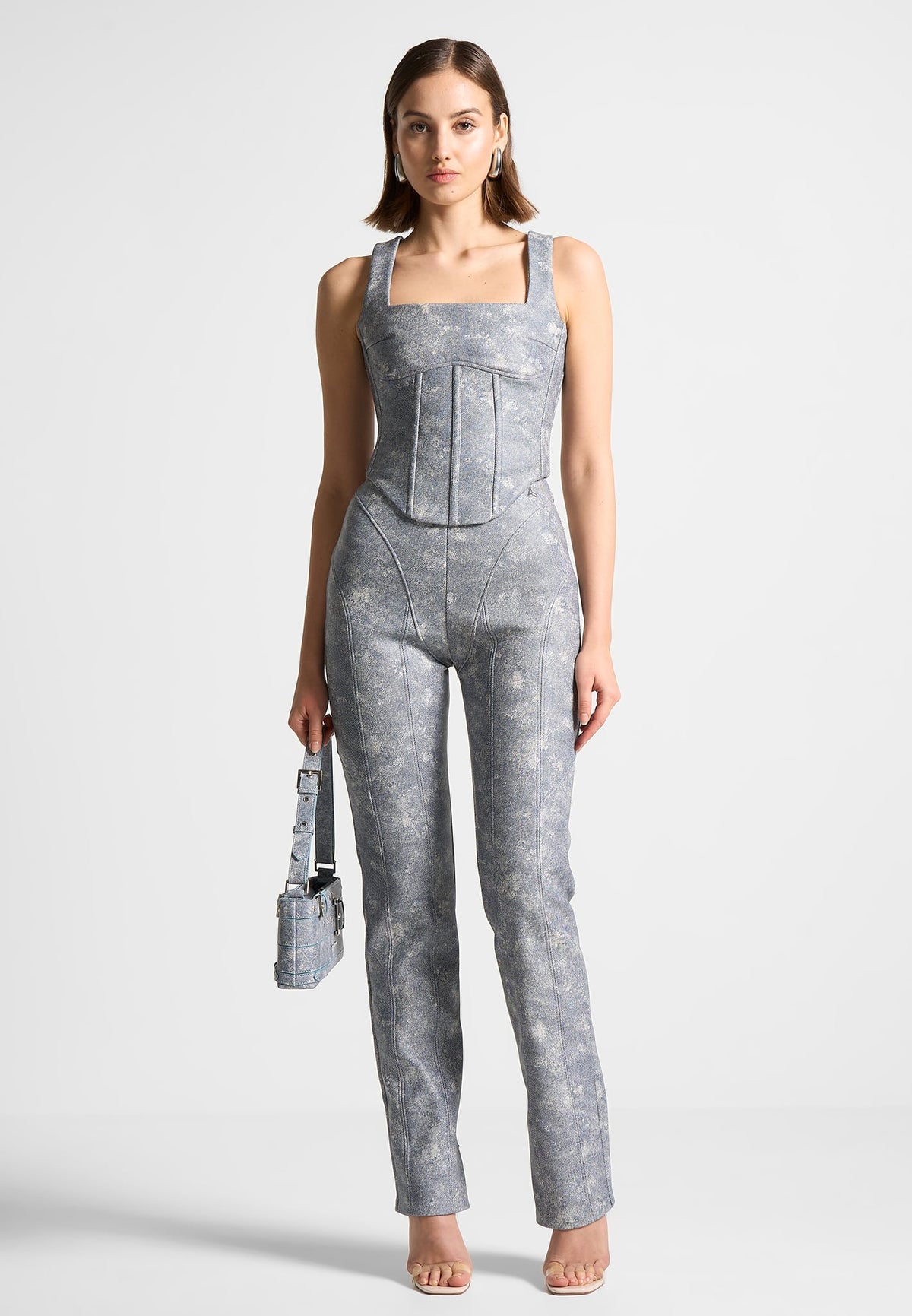 Leather Denim Effect Straight Leg Pants - Blue