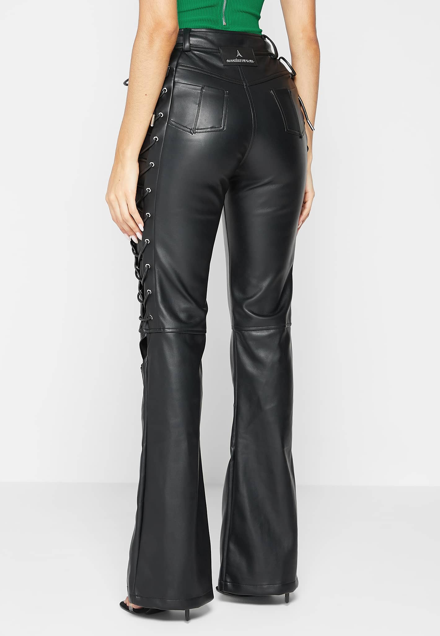 Women Red Leather Front Lace-up Pants, Cut Out Leather | RebelsMarket