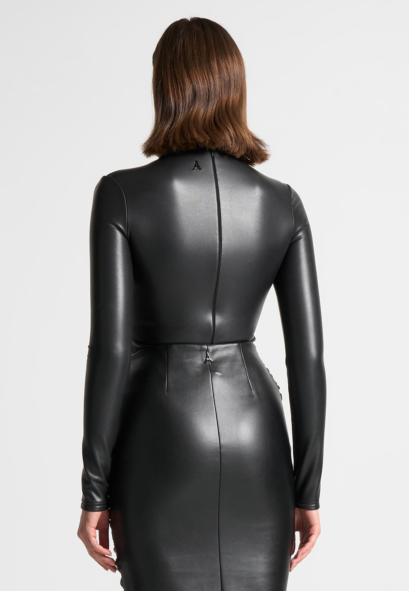 Leather Overlay High Neck Bodysuit - Black