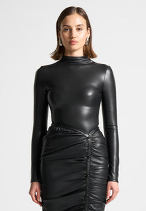 Leather Mock Neck Bodysuit - Black