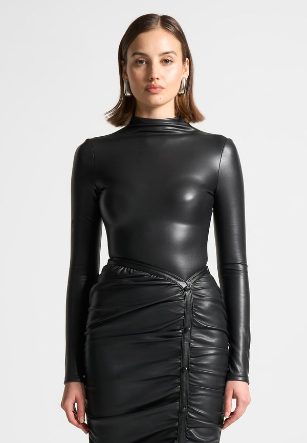Leather Mock Neck Bodysuit - Black
