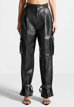 vegan-leather-pleated-cargo-trousers-black