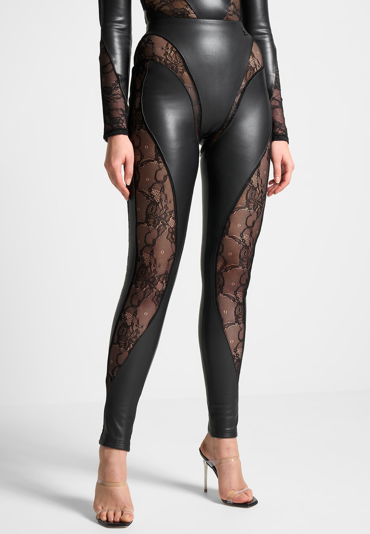 Vegan Leather and Lace Contour Leggings - Black