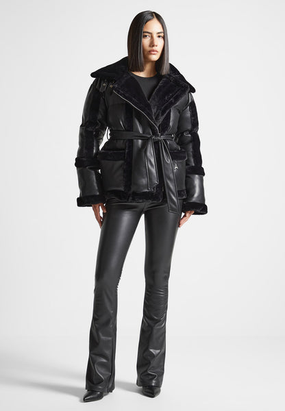 Vegan Leather and Plush Puffer Biker Jacket - Black | Manière De