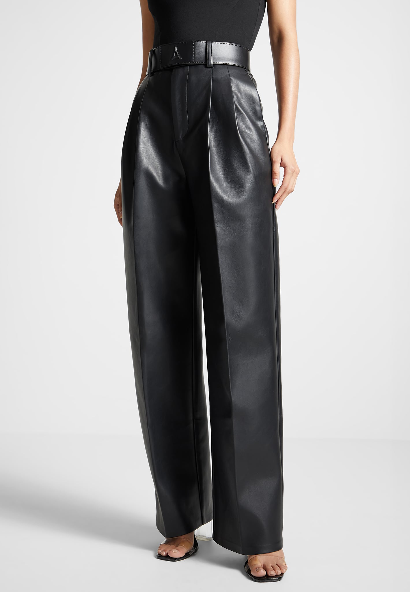 Vegan Leather Pleated Trousers with Eiffel Belt - Black