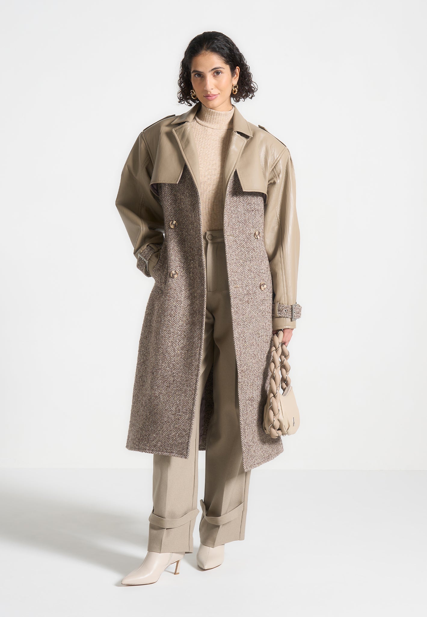 Carina Herringbone Wool Leather Trench Coat Taupe Manière