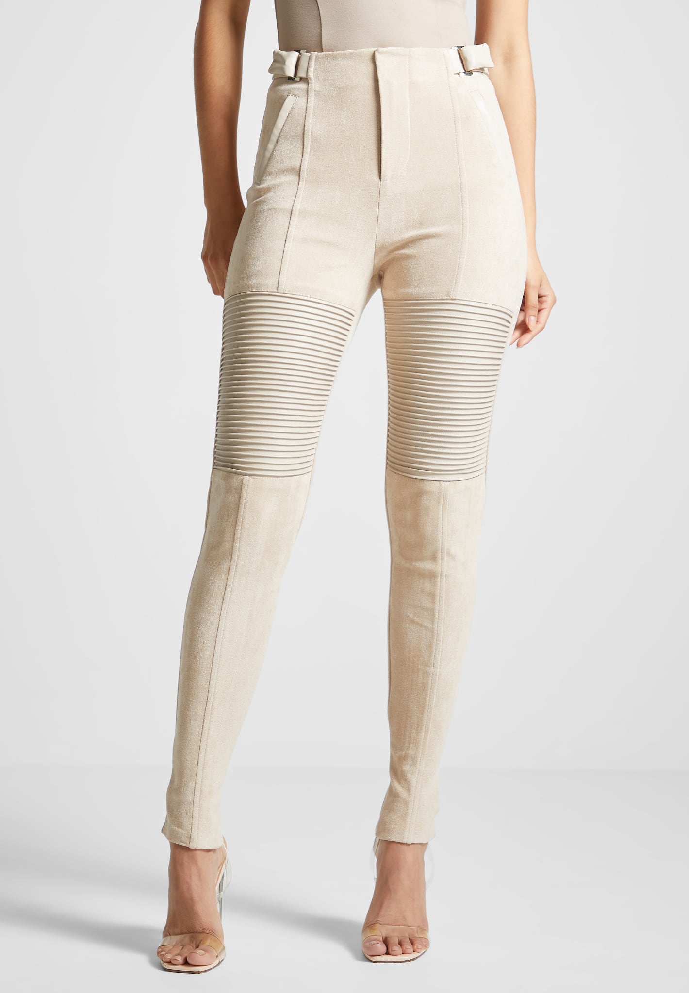 Vegan Leather and Suede Ribbed Leggings - Beige