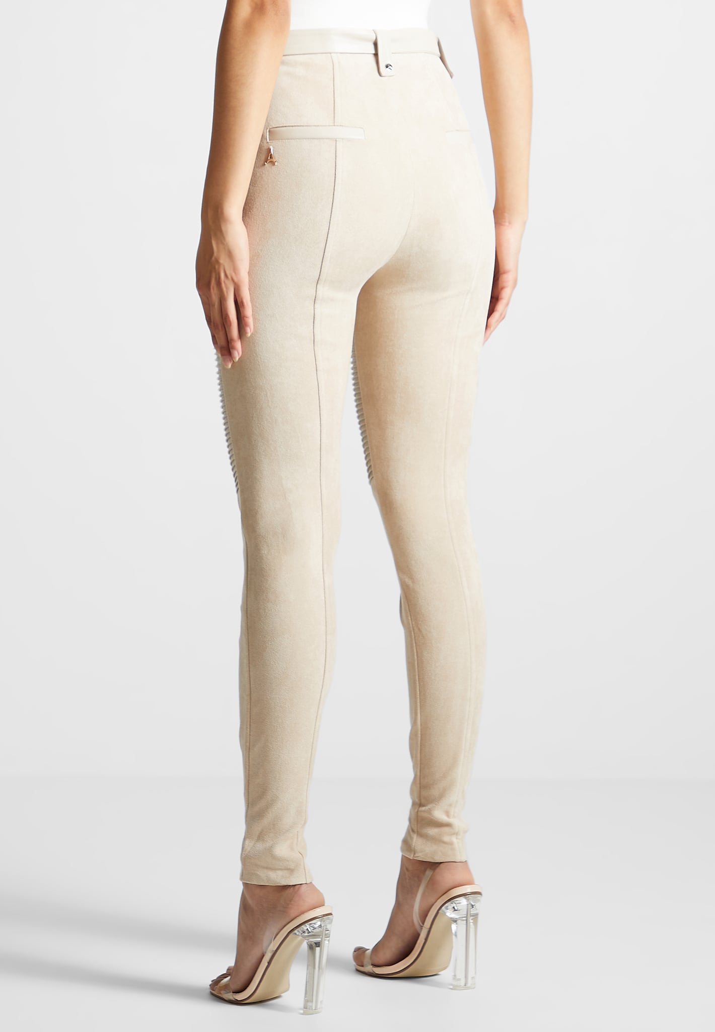 Vegan Leather and Suede Ribbed Leggings - Beige