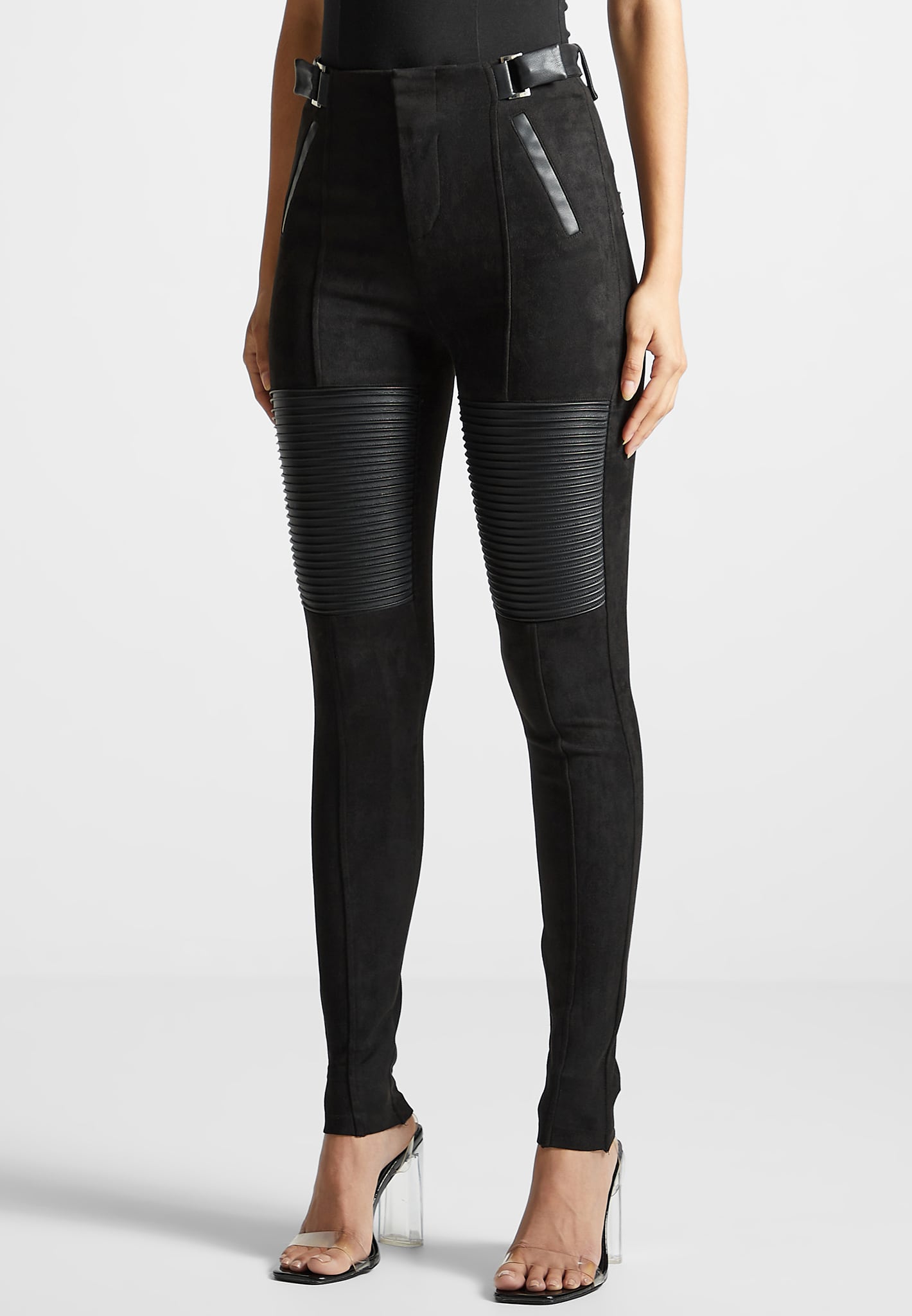Vegan Leather and Suede Ribbed Leggings - Black