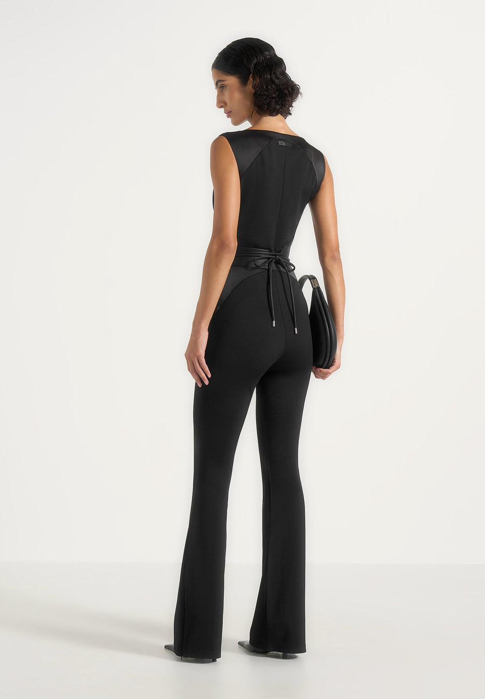 Selene - Belted Satin Contour Flared Jumpsuit - Black