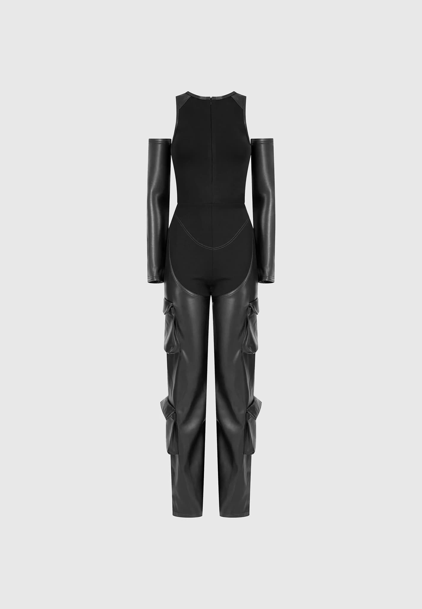Vegan Leather Corset Lace Up Jumpsuit - Black