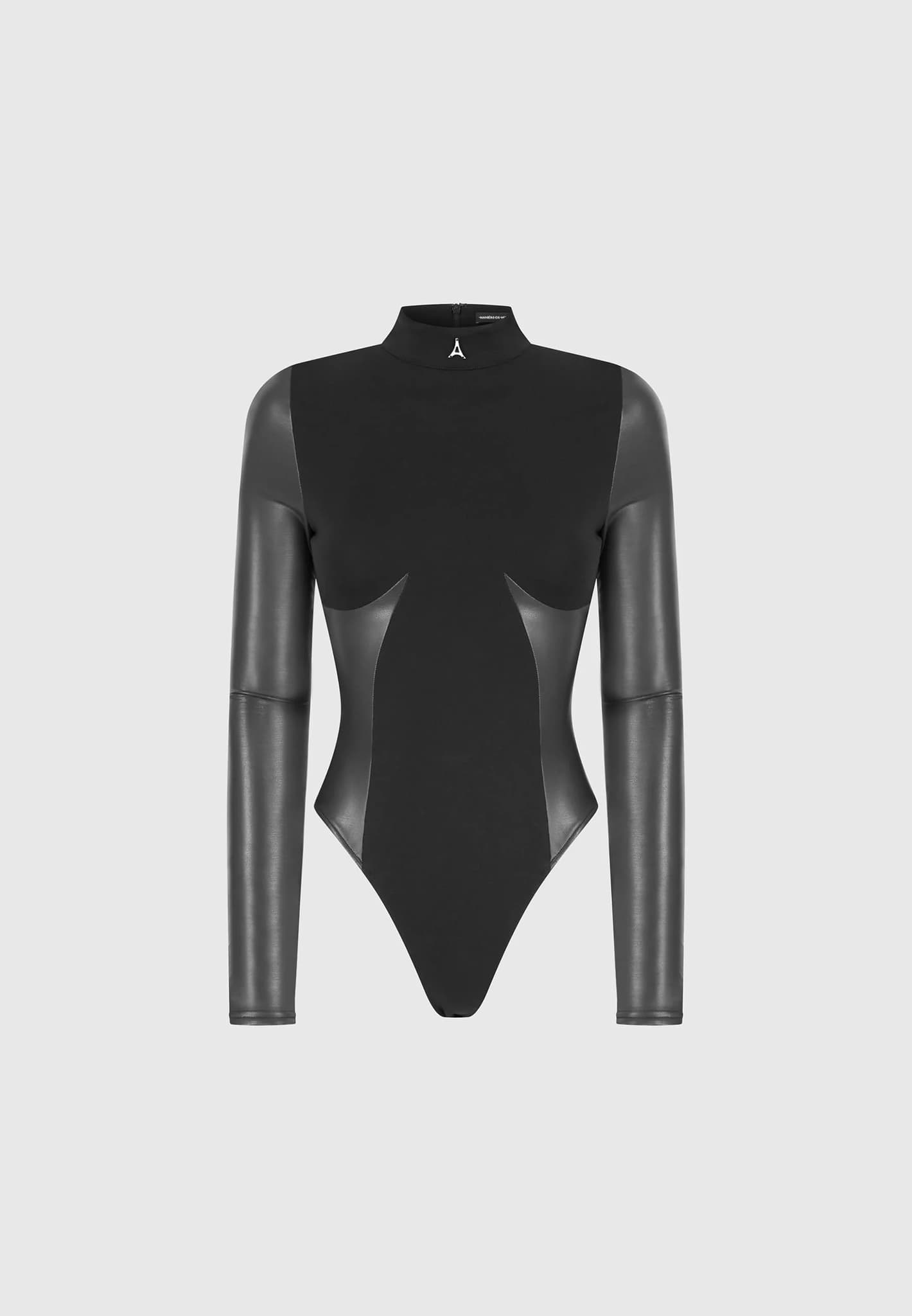 Black High Neck Bodysuit  Opaque Long Sleeve Body Suit