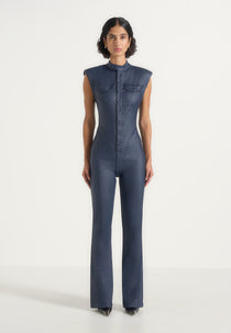 Annette - Wax Coated Denim Jumpsuit - Indigo