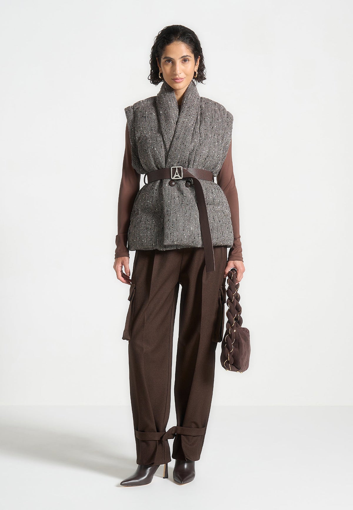Inez - Herringbone Wool Wrap Belted Puffer Jacket - Brown