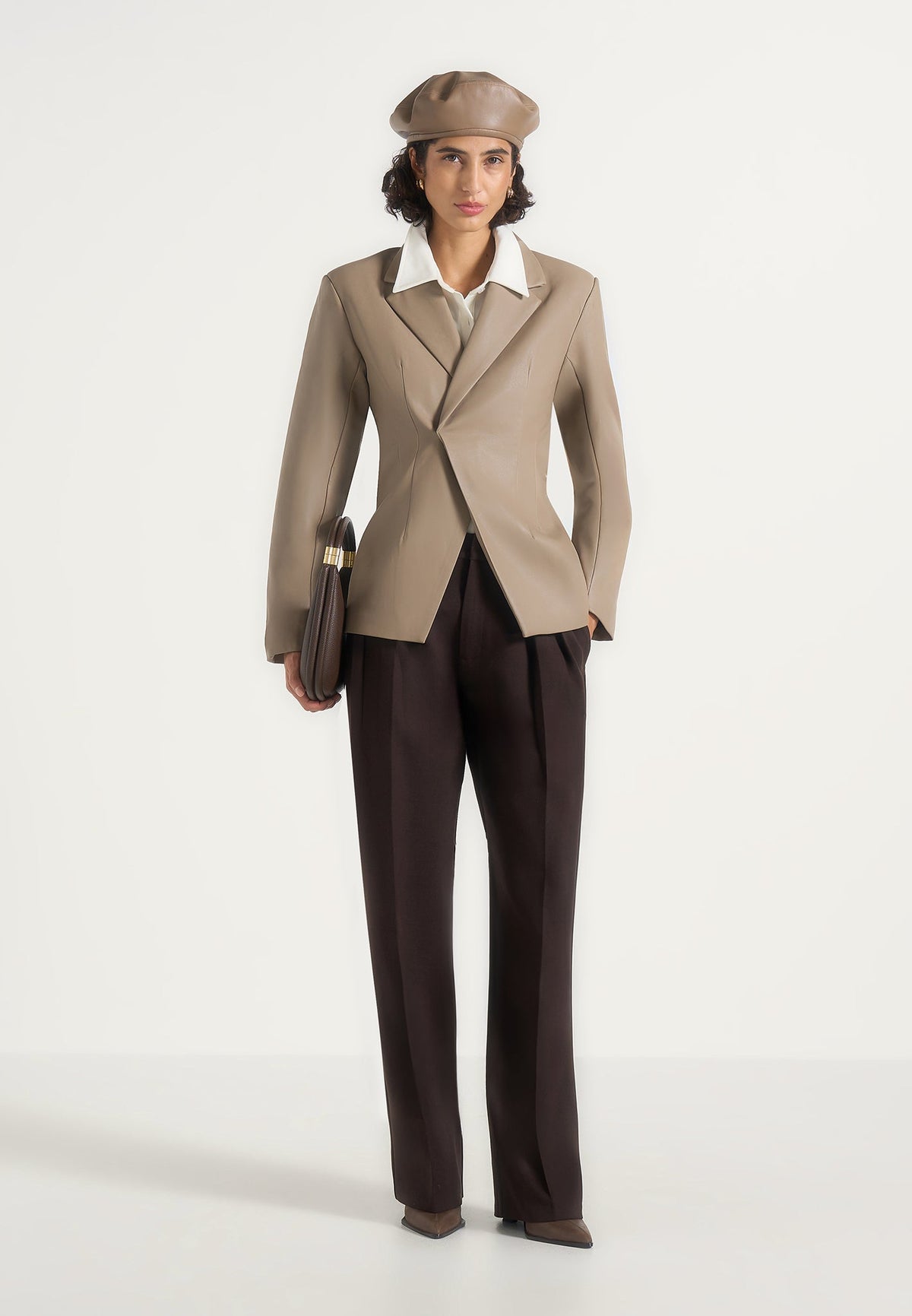 Beatrice - Leather Double Breasted Hourglass Blazer - Taupe