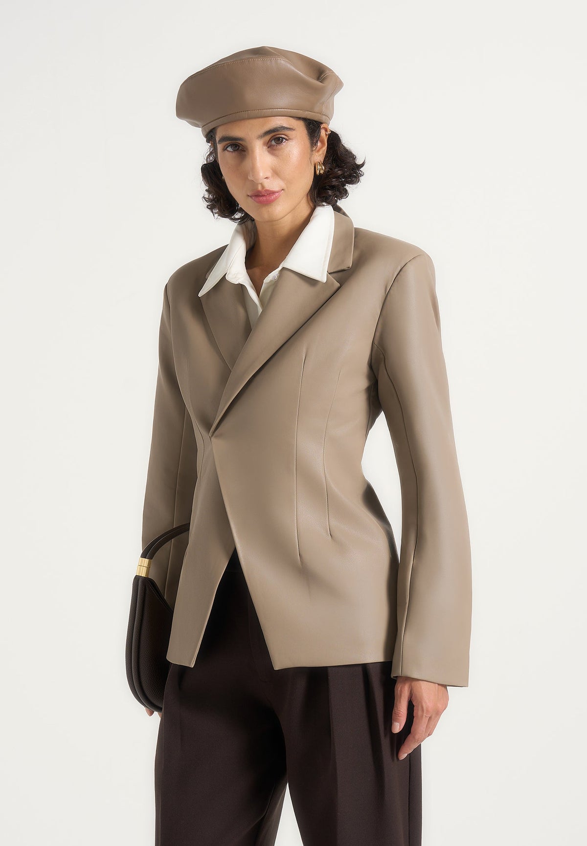 Beatrice - Leather Double Breasted Hourglass Blazer - Taupe