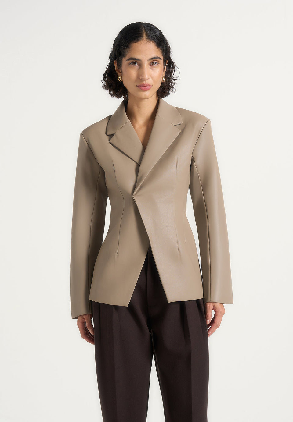 Beatrice - Leather Double Breasted Hourglass Blazer - Taupe