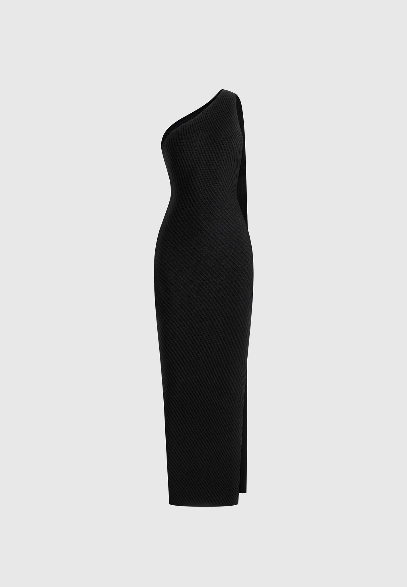 Women's Asymmetric Knit Maxi Dress With Scarf - Black - M - Laya - Manire de Voir Women's Asymmetric Knit Maxi Dress With Scarf - Black - M - Laya - Manire de Voir