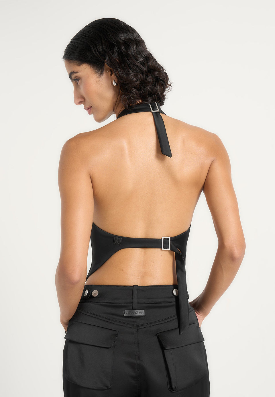 Claudette - Satin Halter Backless Top - Black