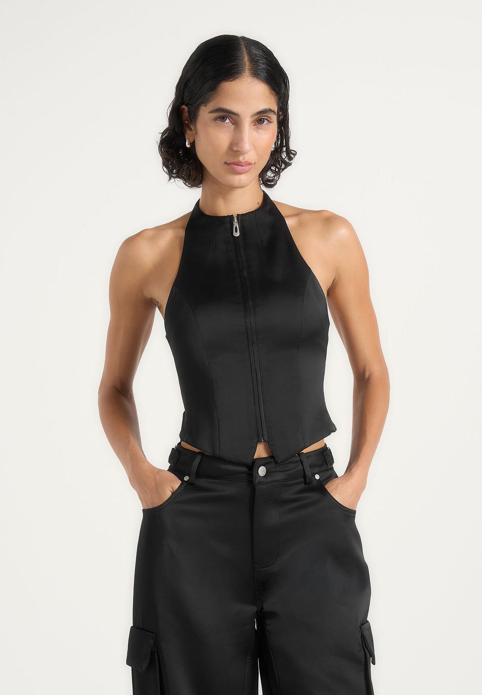 Claudette - Satin Halter Backless Top - Black